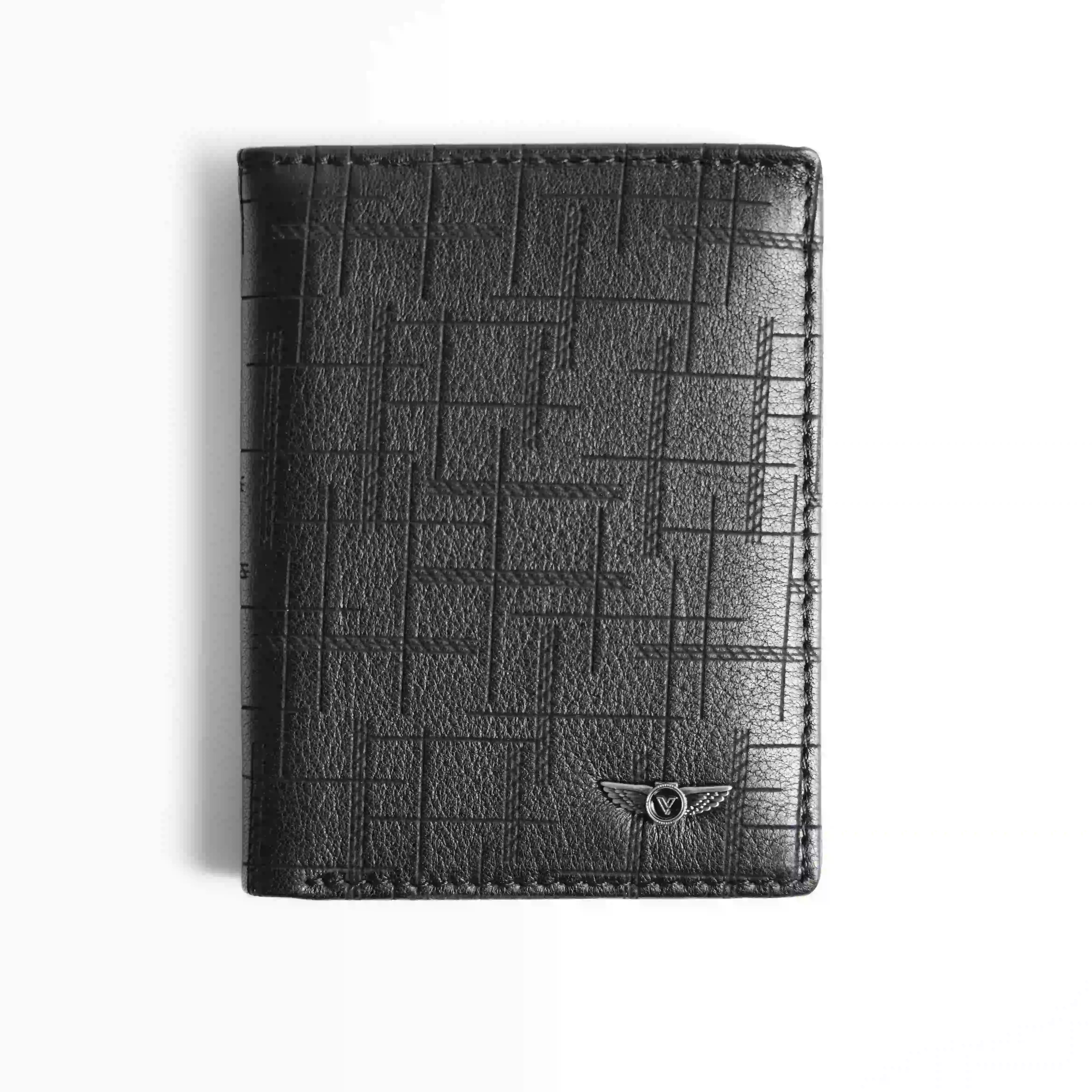 Men's Genuine Leather Vertical Wallet   Black Geometric Embossed   Verutti VRW-5002-1