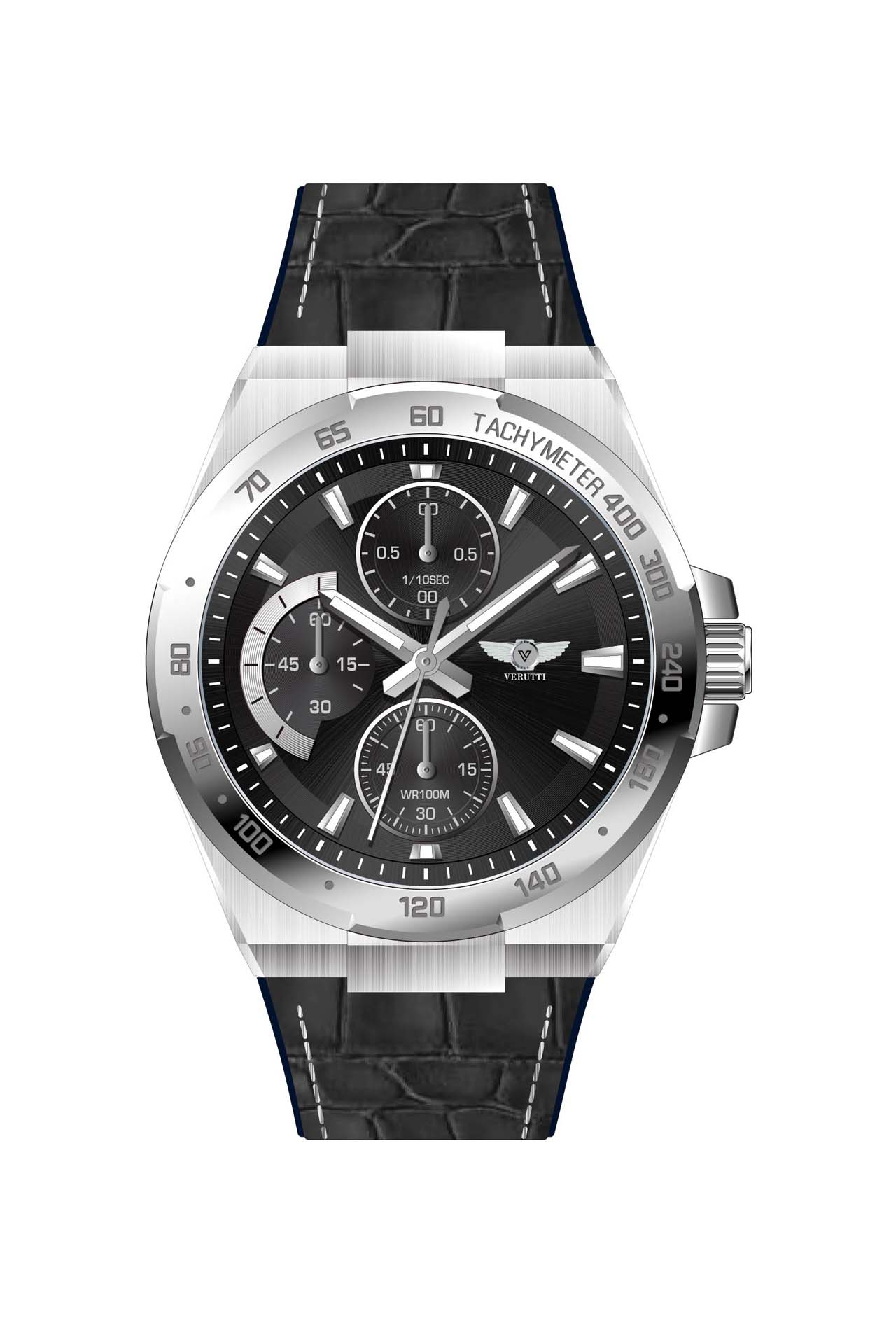 Men's Chronograph Watch VR-1042-1   Silver Case & Black Leather Strap