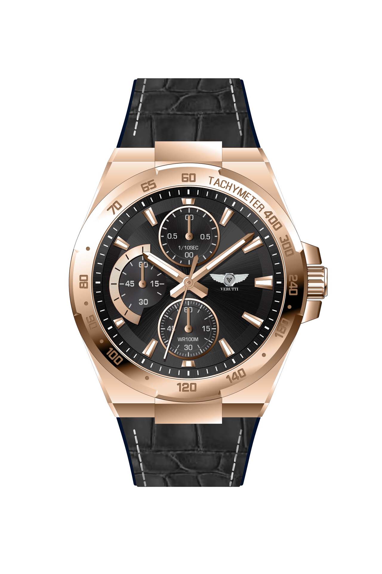 Men's Chronograph Watch VR-1042-2   Gold-Tone Case & Black Leather Strap