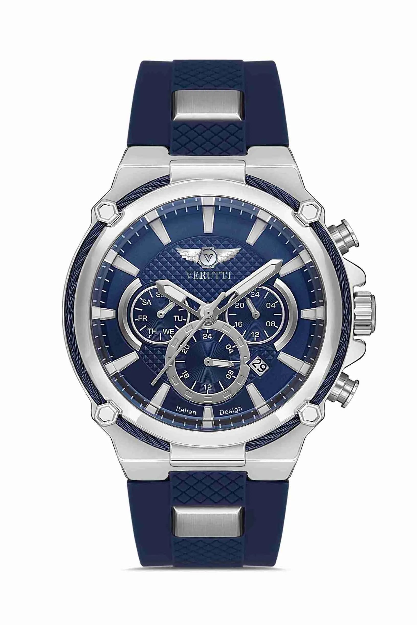 Men's Luxury Watch   Verutti VR-1011-2, Marine Steel Edition, Navy Silicone Strap & Navy Multifunction Dial