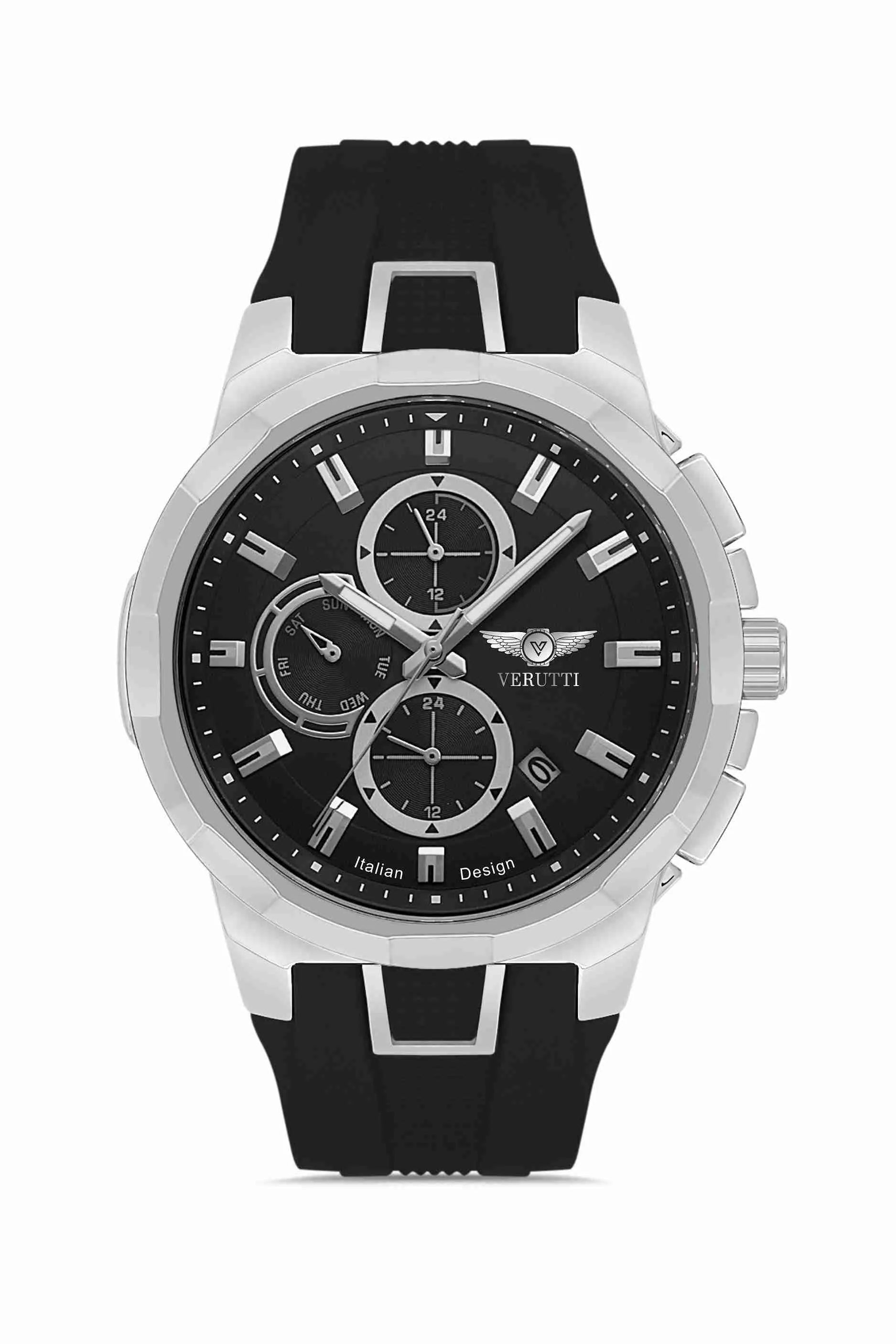 Men's Luxury Watch   Verutti VR-1013-1 Black Luxe Edition, Black Silicone Strap & Black Multifunction Dial