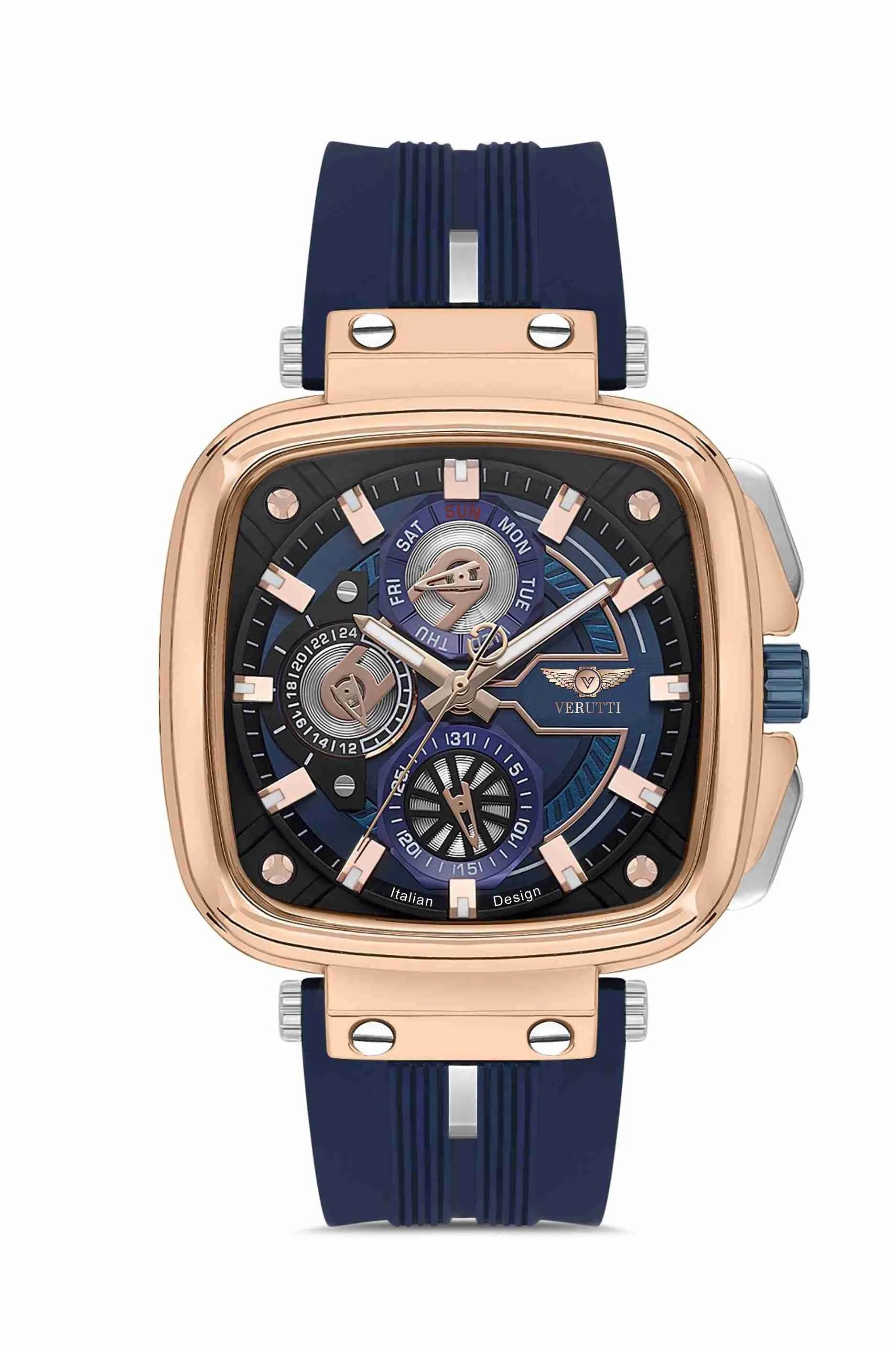 Men's Luxury Watch   Verutti VR-1015-2 Sport Luxe Edition Navy Silicone Strap & Multi-Function Blue Dial
