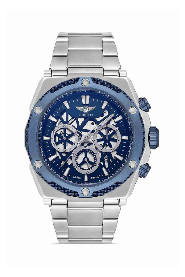 Men's Luxury Watch Verutti VR-1023-2   Silver & Blue Skeleton