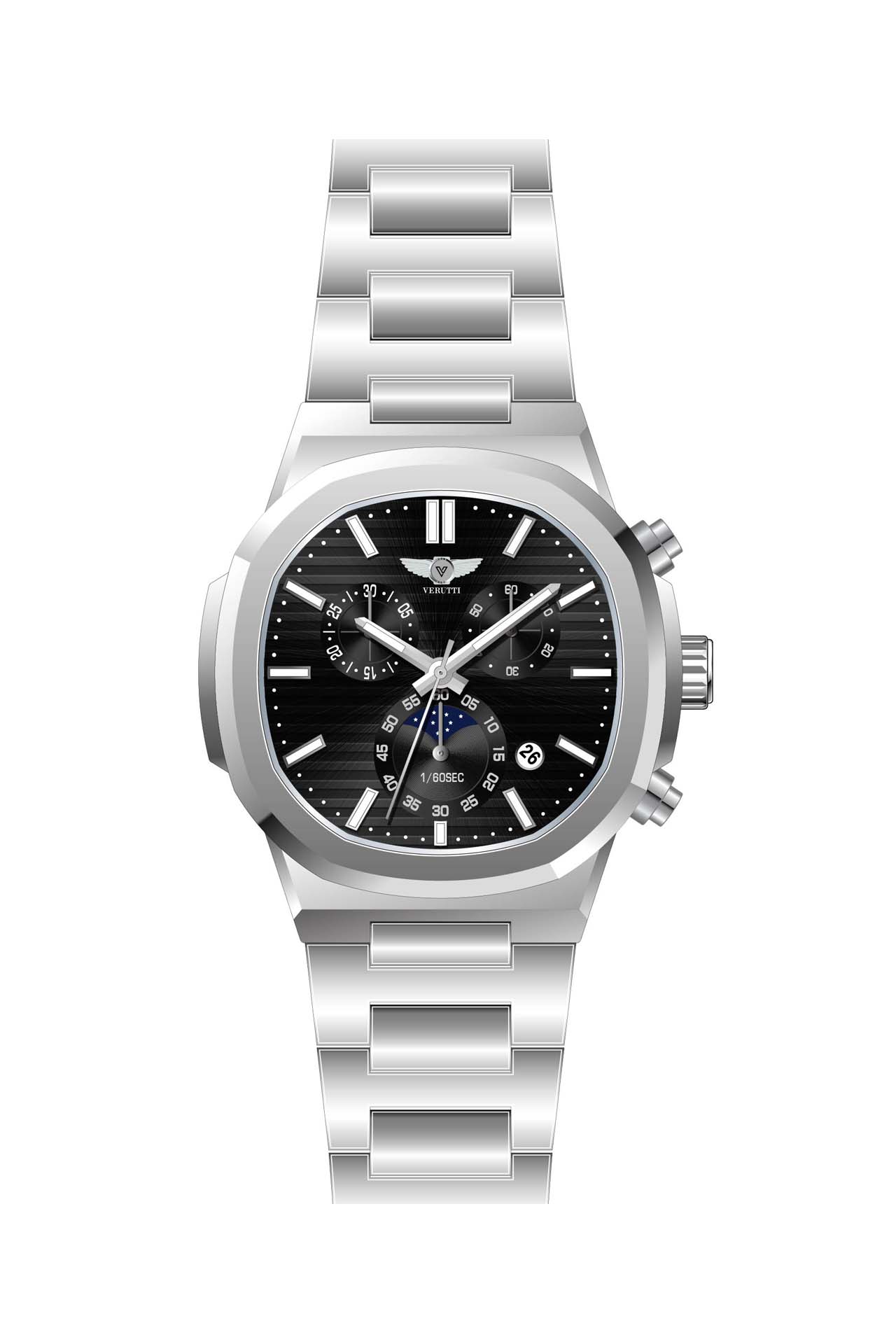 Men's Luxury Watch Verutti VR-1039-1   Silver Bracelet & Black Dial