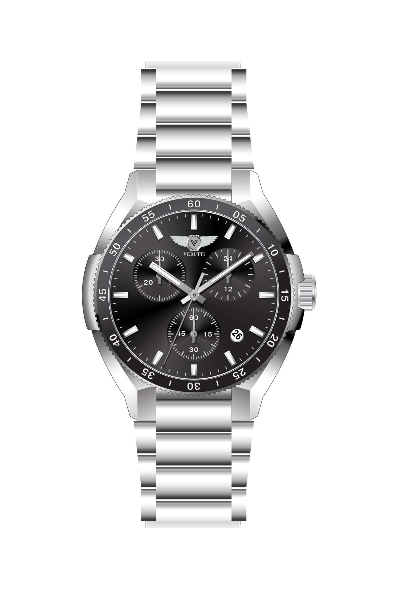 Men's Luxury Watch Verutti VR-1040-1   Silver Bracelet & Black Dial
