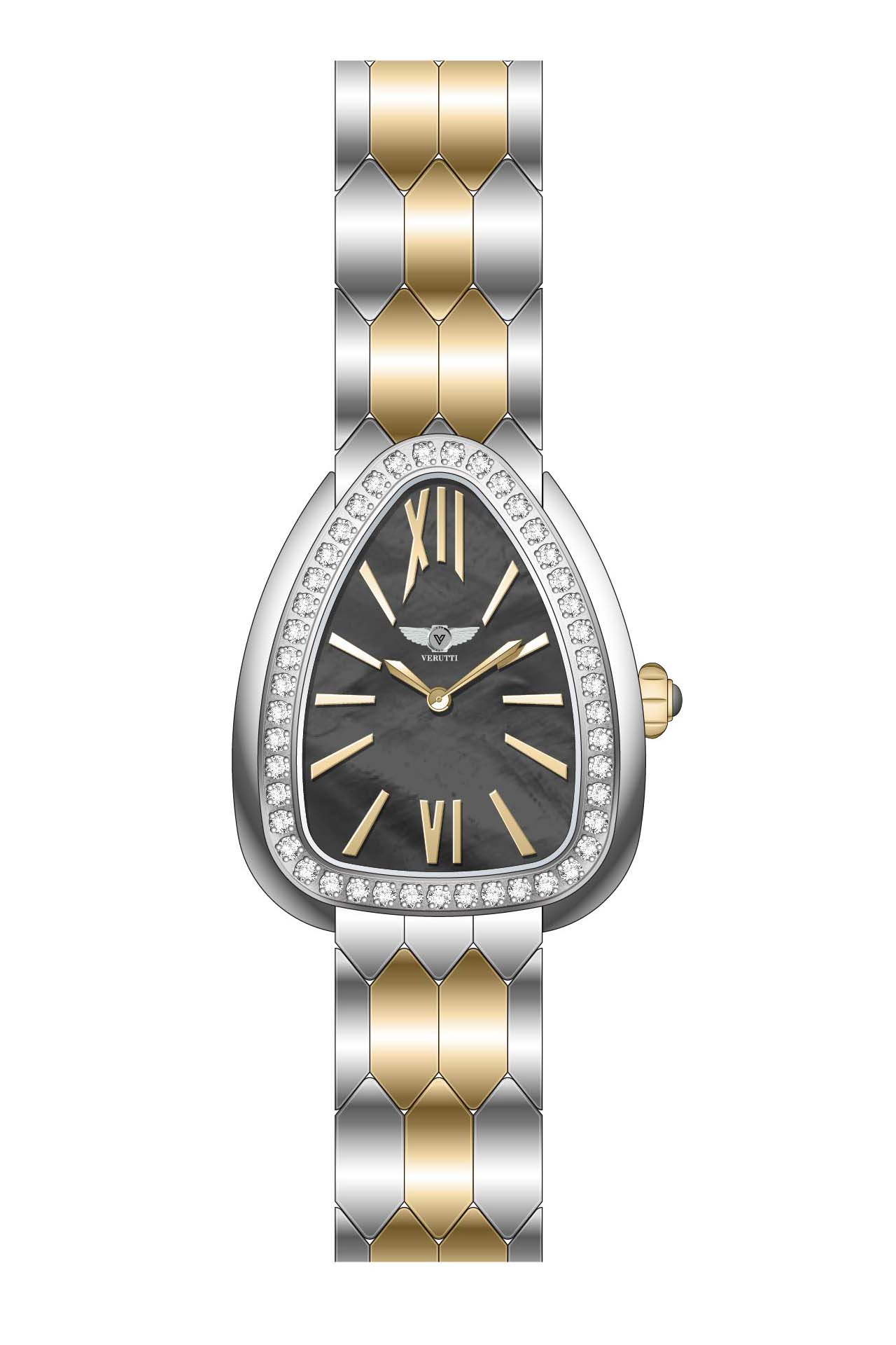 Women's Luxury Watch Verutti VR-1037-2  Silver & Gold Bracelet, Black Dial